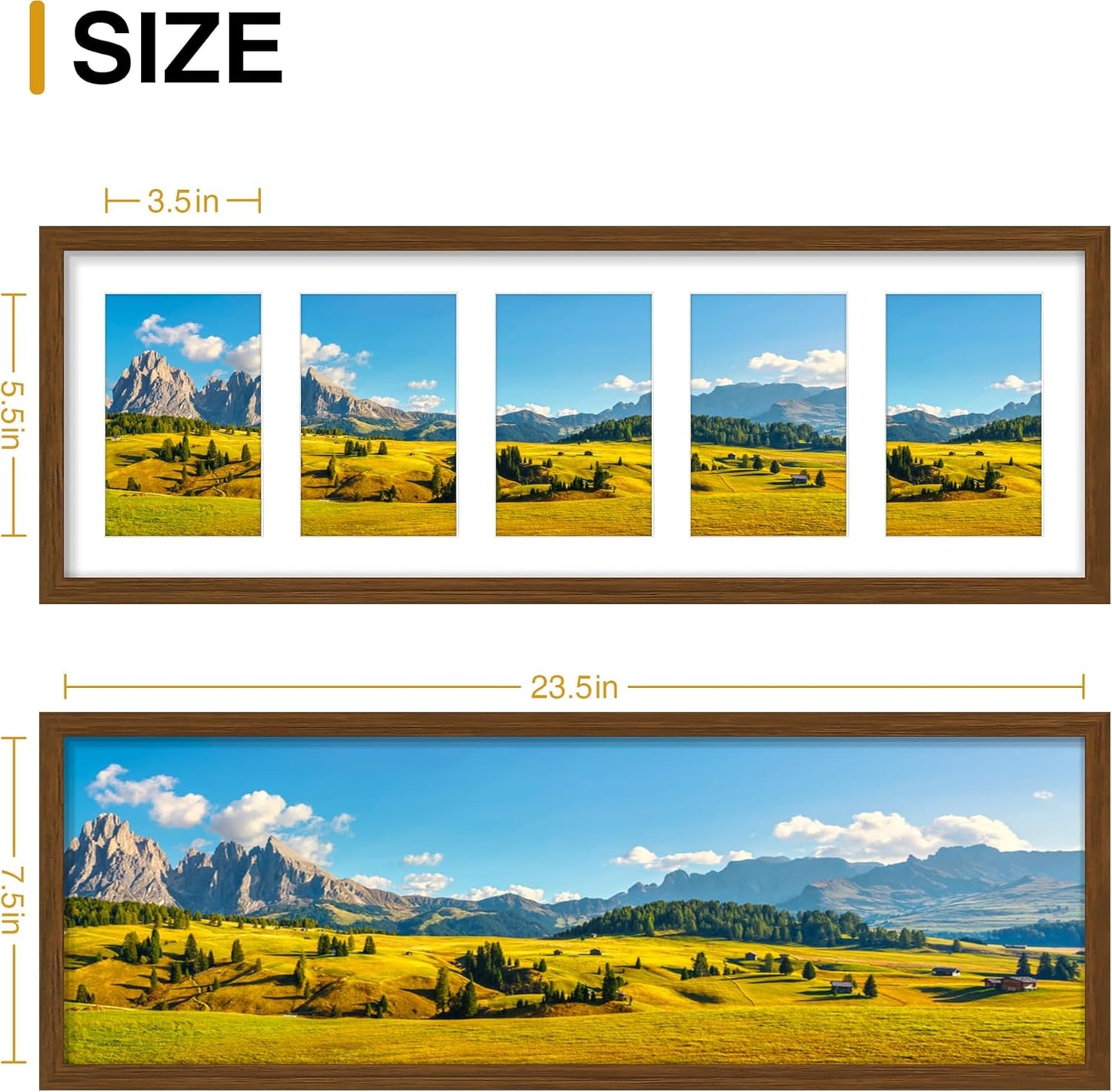 decorUhome 8x24 Picture Frames Collage Wall Decor, Display 5Pcs 4x6 Photos with Mat or 1Pcs 8x24 Unmatted, 5 4x6 Collage Picture Frames for Wall Mounting, Brown
