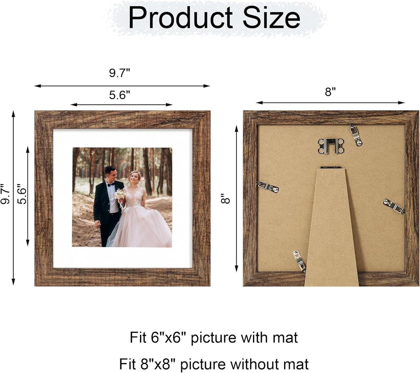 iRahmen 8x8 Picture Frame Set of 4 with HD Glass, Display 6x6 Pictures with Mat or 8 x 8 Without Mat, Rustic Wood Photo Frame for Wall Mount and Tabletop Display