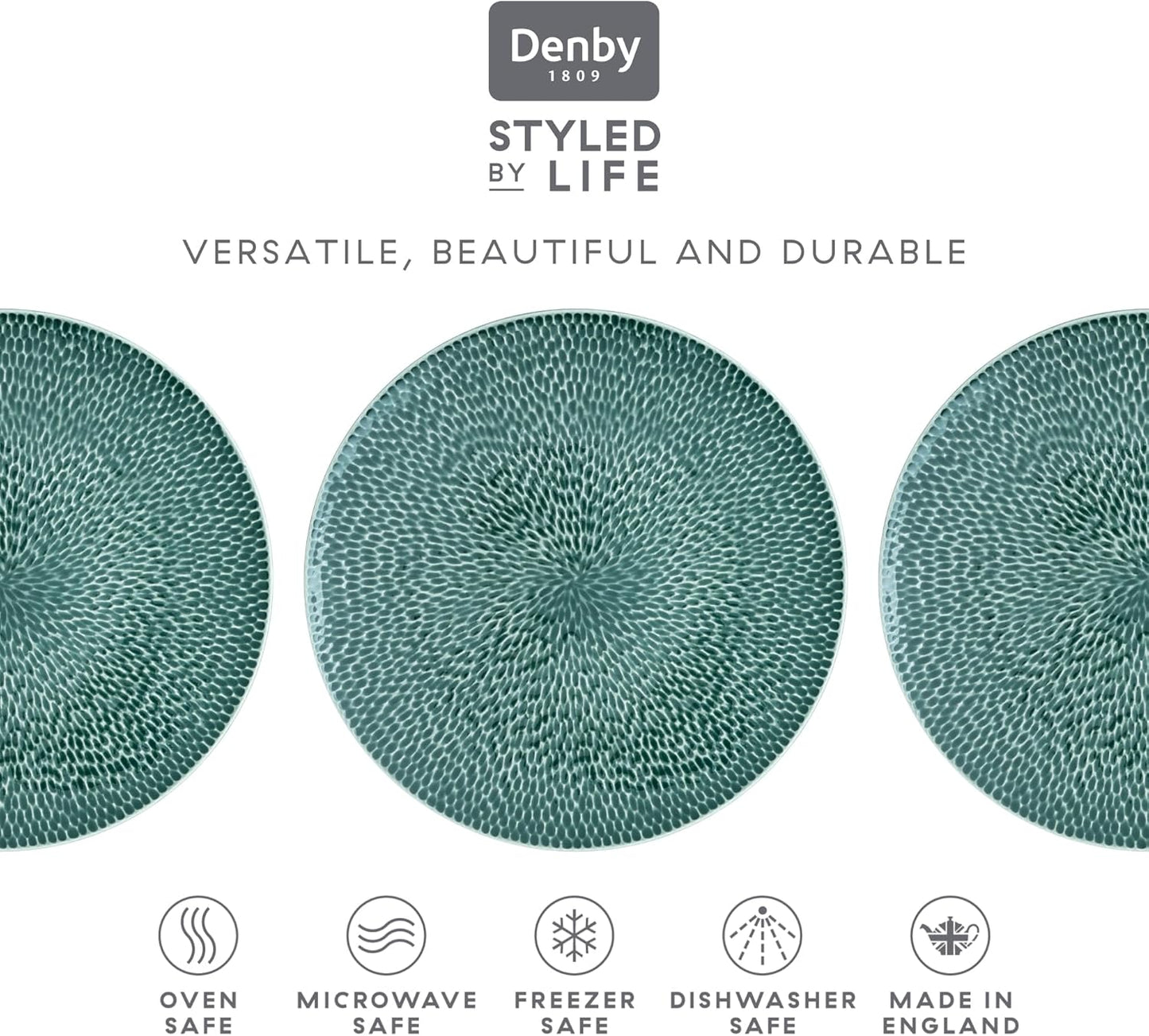 Denby - Carved Green Dinner Plates Set of 4-10.8 Inch - Dishwasher Microwave Oven Safe - Large Uniquely Textured Porcelain Dinner Plate - Scratch Chip Resistant