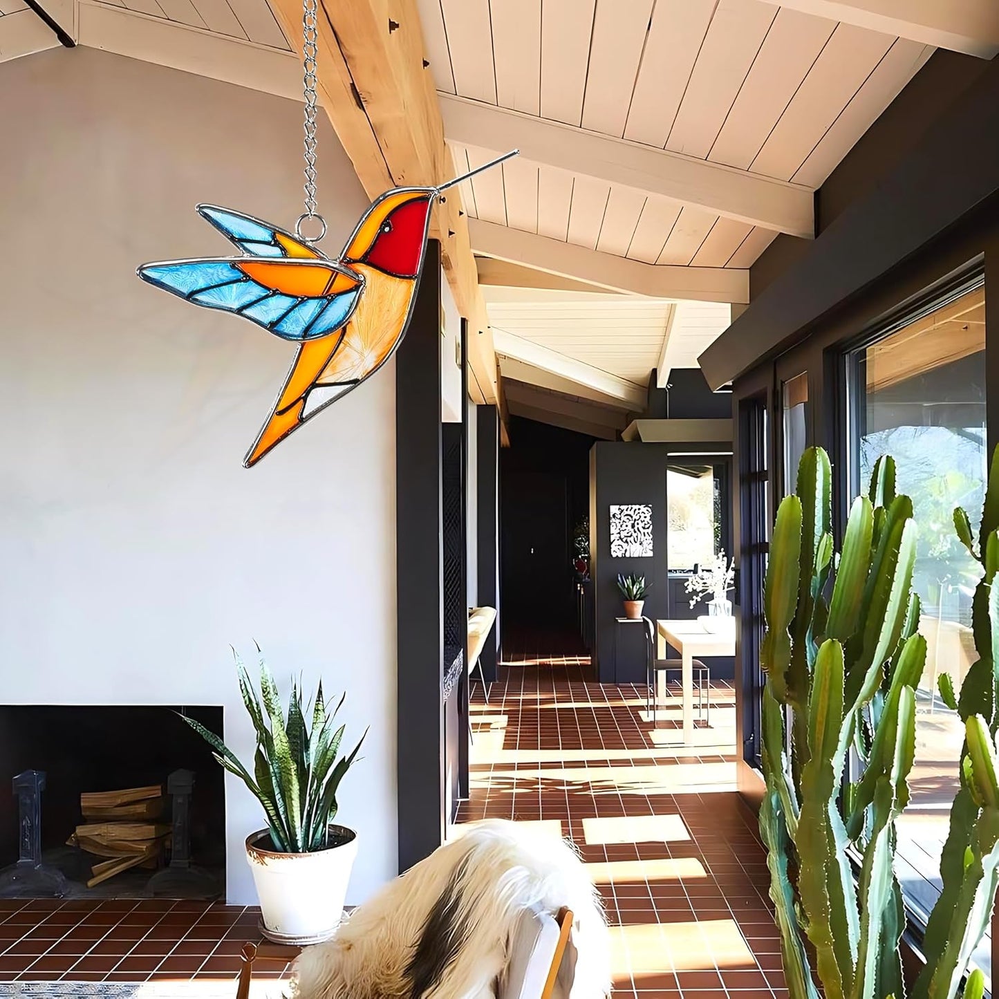 Handmade Stained Glass Hummingbird Hanging Ornament - Colorful 4.3x4.9 Inch Window/Garden Decor for Mom, Grandma, Mother's Day - Patio, Home, Wedding Decorations (Blue Wings)