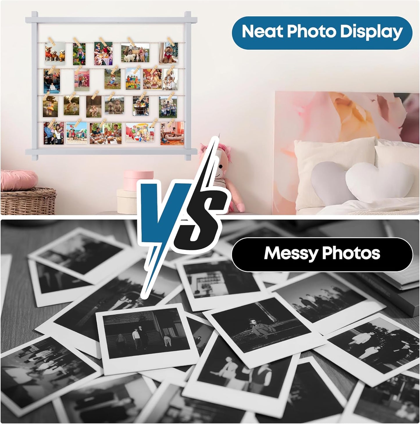 Collage Picture Frame for Nursery,Photo Display Board for Kids,Hanging Pictures Frames with Clips for Kid Graduation Birthday Party,Children Room Wall Decor,Upgraded,Easy To Assemble,(Gray White)