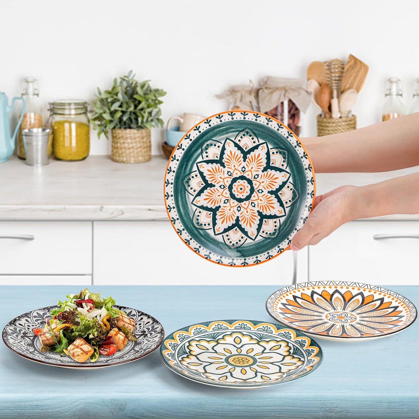 Foraineam 8 Pieces Salad Plates, 8.5 Inch Porcelain Floral Dessert Plates, Colorful Round Lunch Plate Sets for Appetizer Salad Fruit Snack, Dishwasher and Microwave Safe