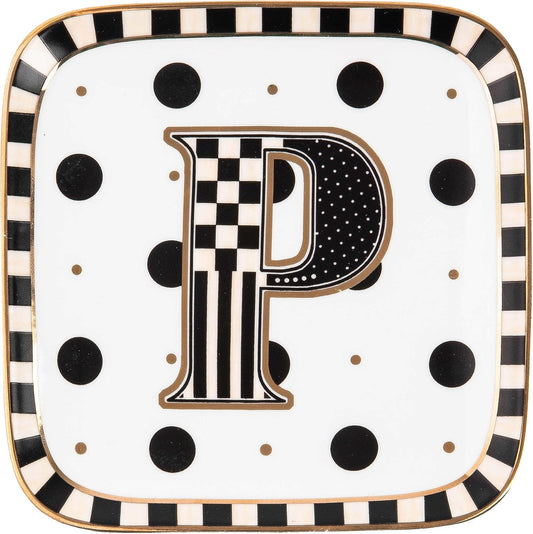 MACKENZIE-CHILDS Monogram Dish, Decorative Ceramic Letter Plate, 5 3/4" Square, P
