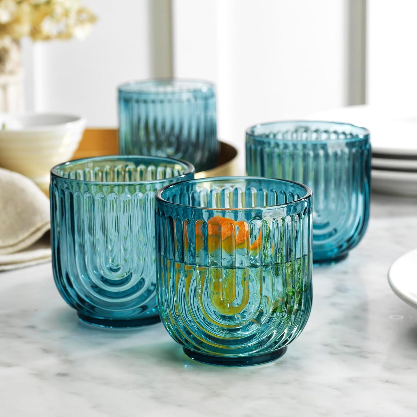 Glaver's Vintage Glassware Art Deco Glasse Ribbed Drinking Glasses U-Shape Arch Design Colored Cocktail Kitchen Tumblers Everyday Dinner Decorative Party, Blue (Blue S/4 11oz)