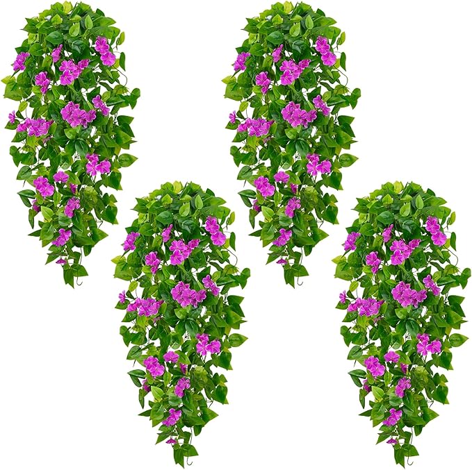 BLEUM CADE Artificial Hanging Flowers for Outdoors, 4pcs Fake Hanging Plants Pothos Vines with Purple Flowers for Wall Home Living Room Indoor Outdoor Decor (No Baskets)