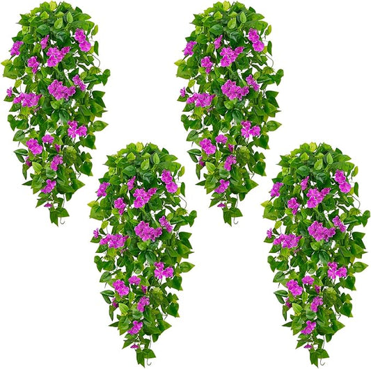 BLEUM CADE Artificial Hanging Flowers for Outdoors, 4pcs Fake Hanging Plants Pothos Vines with Purple Flowers for Wall Home Living Room Indoor Outdoor Decor (No Baskets)