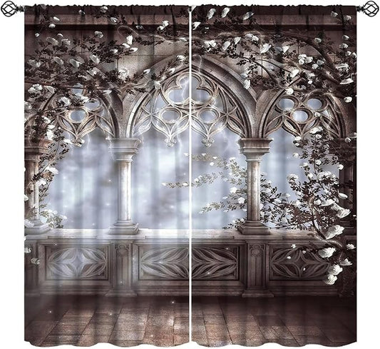 Vintage Castle Blackout Curtains，Gothic Style Romantic Mid-Century Pattern Drapes Window 2 Panel Rod Pocket Curtain for Bedroom Living Room Decor 27.5" W X 63" L