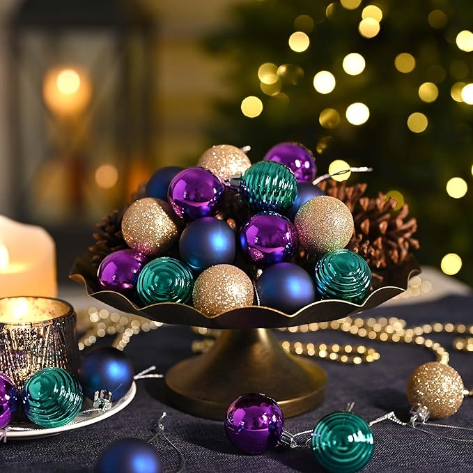 Valery Madelyn 1.57 Inches Small Christmas Tree Decorations Ornament Set for Fall Halloween, 24ct Peacock Purple Blue Shatterproof Hanging Ball Ornaments Holiday Party Decor