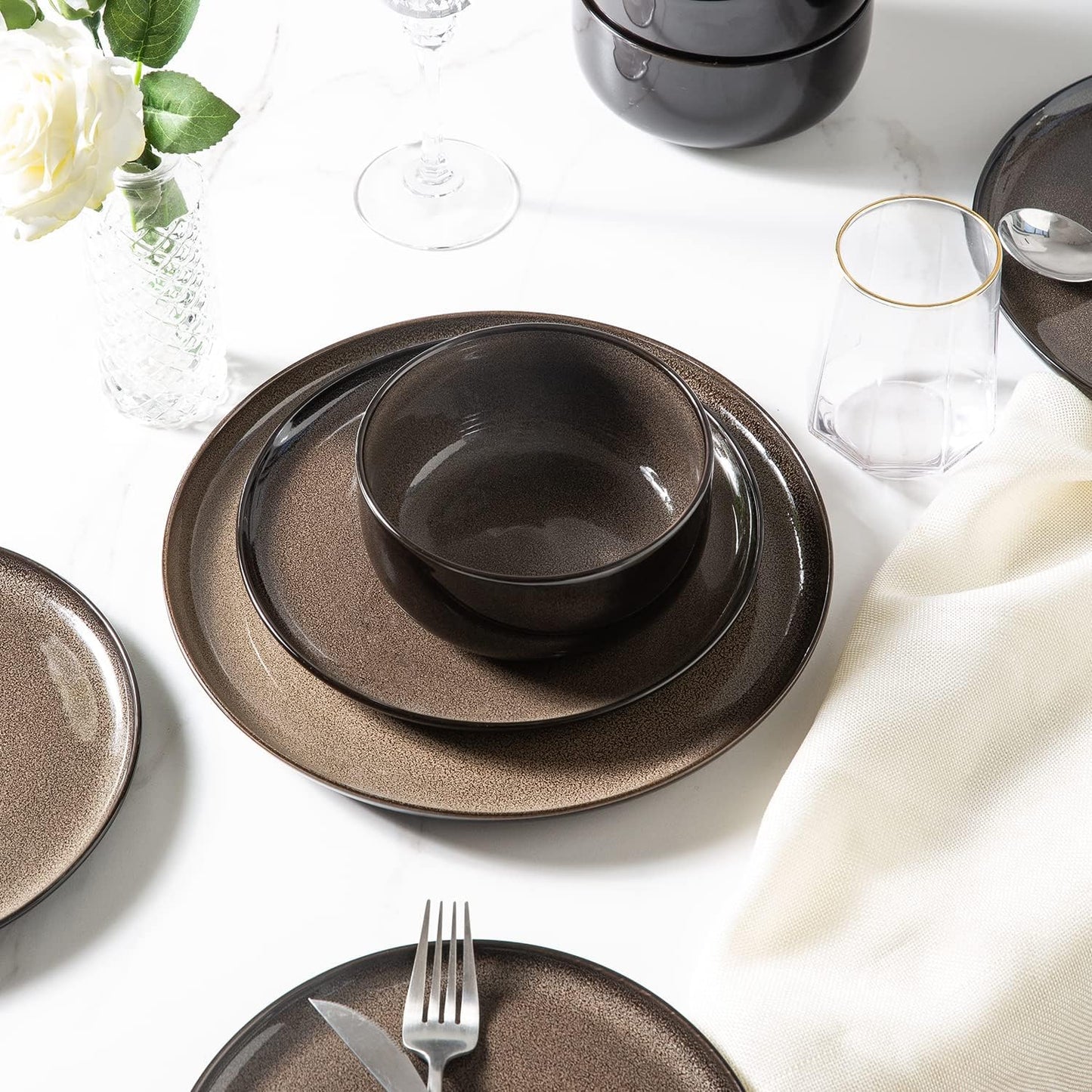 LERATIO Ceramic Plates Set of 6, 8.5 Inch Reactive Glaze Light Weight Porcelain Salad Plates,Modern Shape Dinnerware Dishes Set for Microwave&Dishwasher &Oven Safe,Scratch Resistant-Chestnut