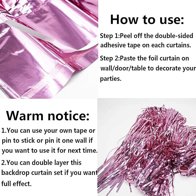 4 Pack Pink Foil Fringe Curtain Backdrop, 3.3Ft x 9.8Ft Metallic Tinsel Foil Fringe Streamers Curtains for Photo Booth, Wedding, Bachelorette, Birthday, Valentine's Day, Carnival Party Decoration