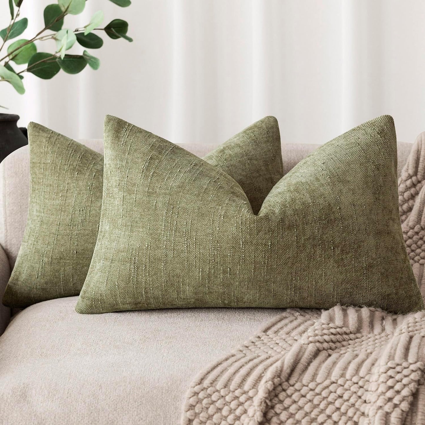 Foindtower Pack of 2 Textured Chenille Throw Decorative Pillow Covers Square Accent Solid Cushion Cover Neutral Farmhouse Lumbar Pillow Case for Couch Sofa Bedroom Living Room 12x24 Inch,Sage Green