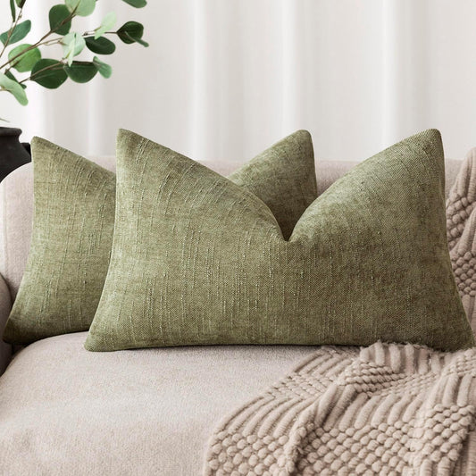 Foindtower Pack of 2 Textured Chenille Throw Decorative Pillow Covers Square Accent Solid Cushion Cover Neutral Farmhouse Lumbar Pillow Case for Couch Sofa Bedroom Living Room 12x24 Inch,Sage Green