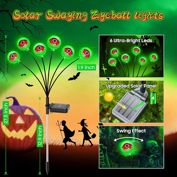 2025 Upgraded Halloween Lights Outdoor Solar Eyeball Light: 6 Pack 36 LED Green Scary Eyeballs Swaying Firefly, Waterproof Halloween Pathway Lights for Yard, Garden, Lawn Outside Lighting Decor