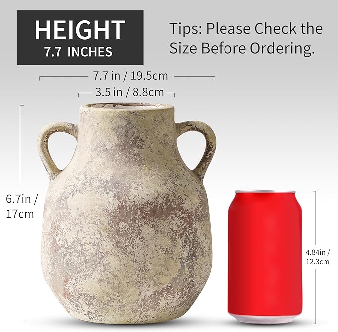 Rustic Ceramic Farmhouse Flower Round Vase with 2 Handles, Vintage Terra Cotta Vases, Decorative Pottery Ceramic Stone Vase for Home Decor, Living Room, Table, Shelf Decor, Mantel, 7.7 Inch