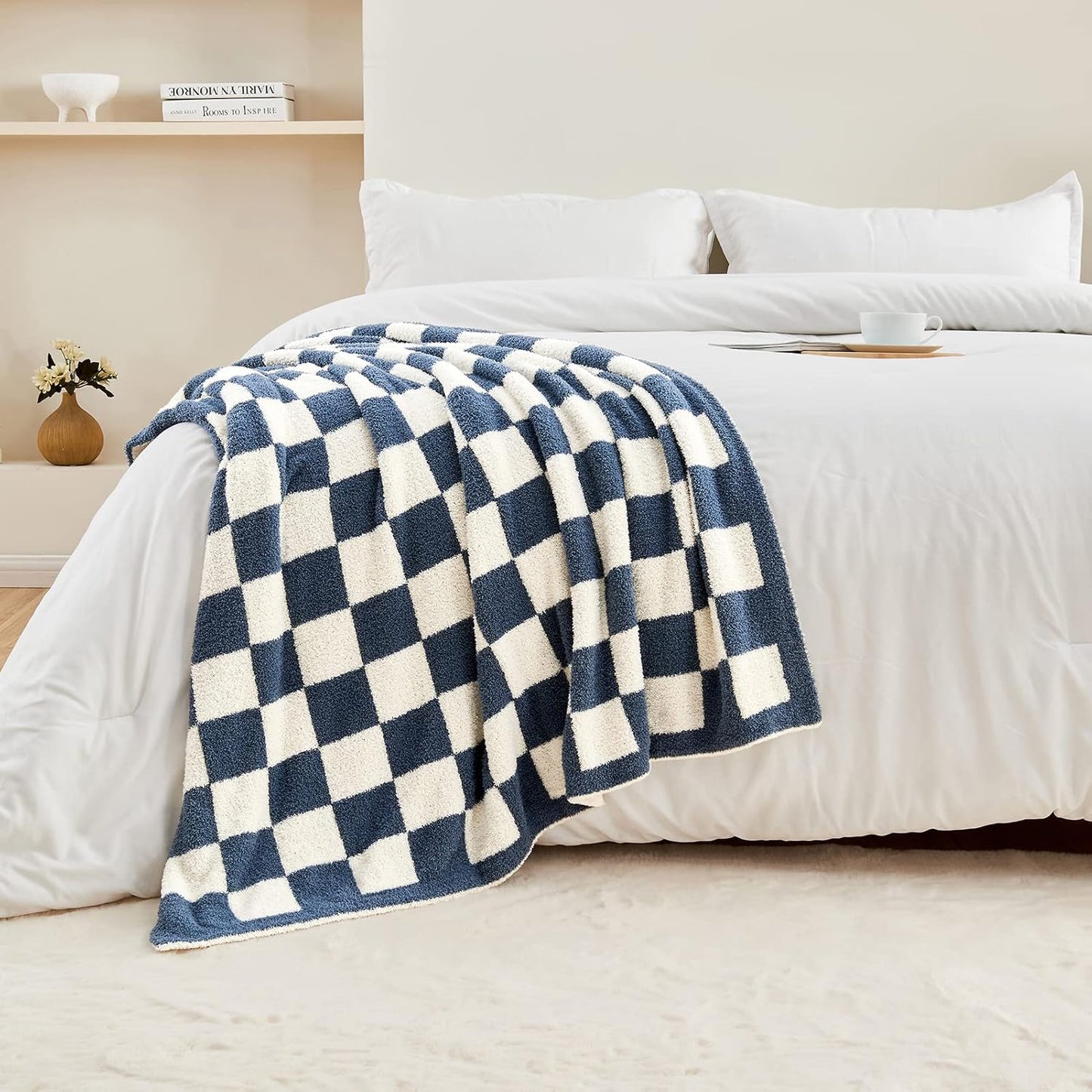 CozeCube Super Soft Fullfy Microfiber Reversible Knitted Blankets, Warm Cozy Fuzzy Plush Throw, Dusty Blue and White Checkered Throw Blanket for Couch Bed Sofa, 60" x 80"