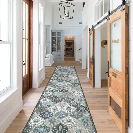 Lahome Moroccan Hallway Runner Rug Non Slip, 2x10 Washable Runner Rugs for Hallway 2x10 Vintage Ultra-Thin Throw Long Carpet for Kitchen Entryway Bedroom Laundry Room, Blue