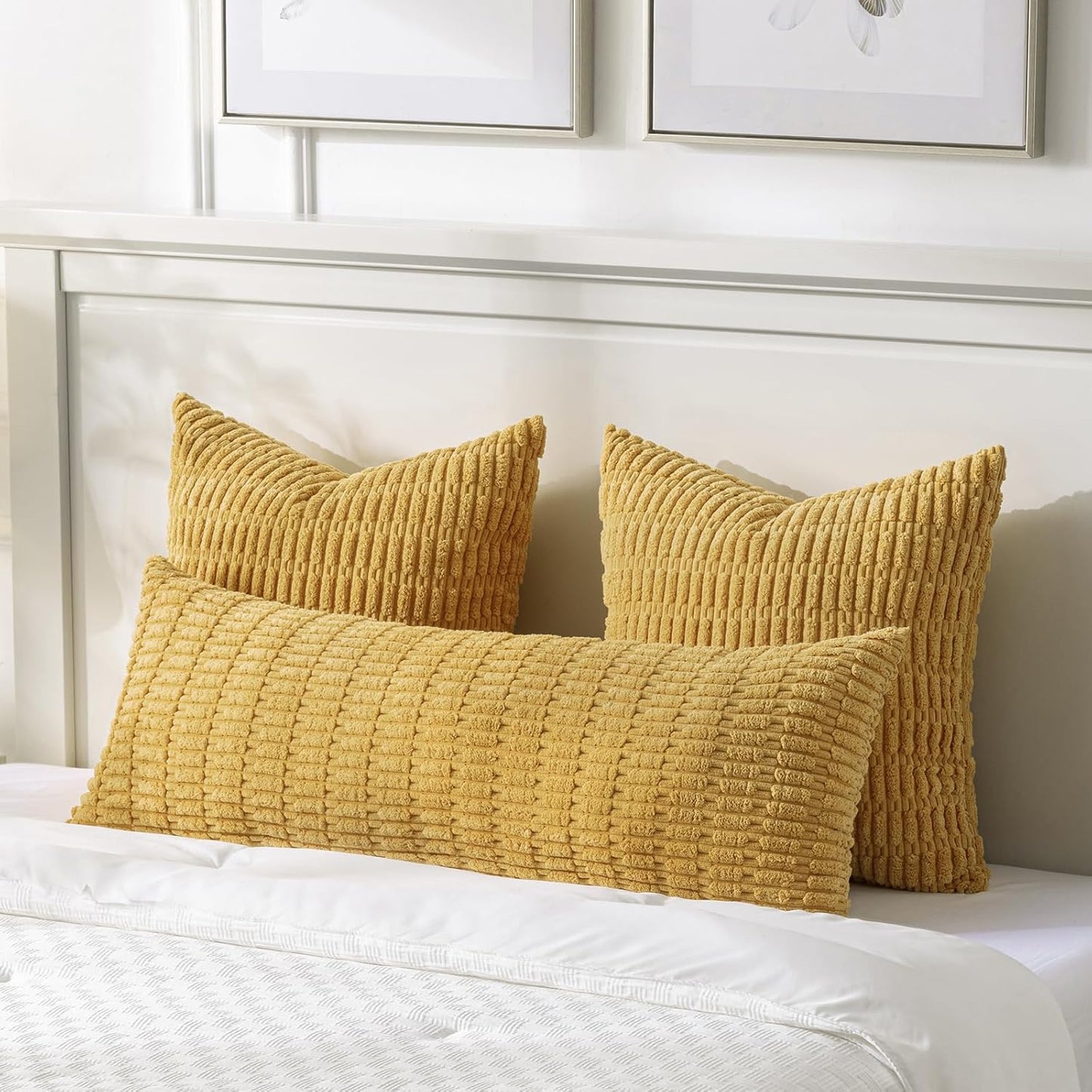 Fancy Homi Mustard Yellow Long Body Lumbar Lumbar Decorative Throw Pillow Covers 14x36 Inch for Bed Couch Bedroom Bench, Soft Corduroy Rectangle Solid Pillow Case, Rustic Farmhouse Boho Room Decor