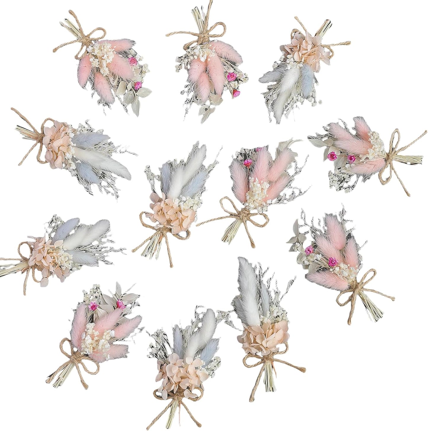 Mini Dried Flower Bouquet Set (12 pcs), Pink Bouquet, Birthday Cake Arrangement, Bridesmaid Flower Girl Proposal Gift Box, Groom Corsage(Pink)