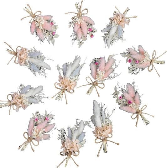 Mini Dried Flower Bouquet Set (12 pcs), Pink Bouquet, Birthday Cake Arrangement, Bridesmaid Flower Girl Proposal Gift Box, Groom Corsage(Pink)
