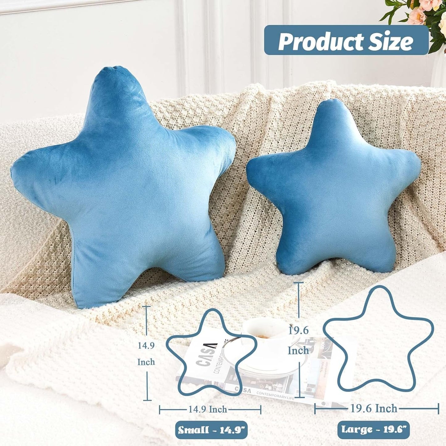 Dusty Blue Star Throw Pillow, Cute Star Pillow Room Decor, Soft 14.9" Star Shaped Decorative Throw Pillow for Bedroom, Star Plush Floor Cushions Pillows