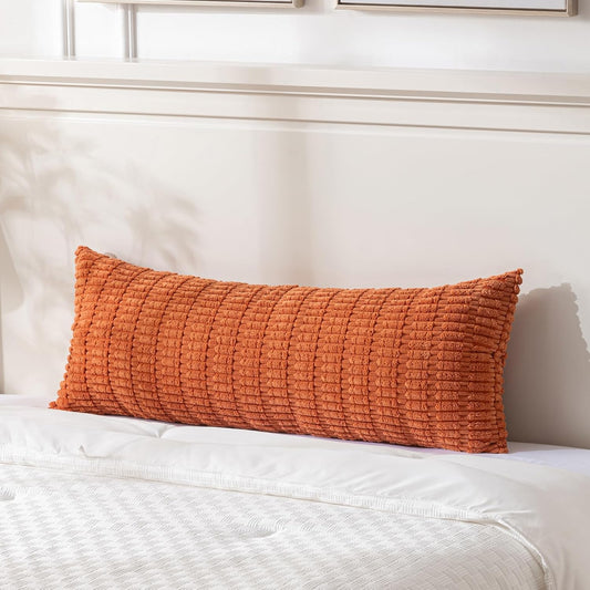 Fancy Homi Burnt Orange Long Body Lumbar Decorative Throw Pillow Cover 14x36 Inch for Bedroom Couch Bed Sofa, Farmhouse Boho Fall Room Decor, Soft Striped Corduroy Rectangle Pillow Case