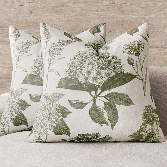 Foindtower Set of 2 Linen Floral Throw Pillow Covers Vintage Accent Print Decorative Cushion Covers Farmhouse Boho Home Decor for Sofa Chair Couch Bedroom Living Room,20×20 Inch,Sage Green