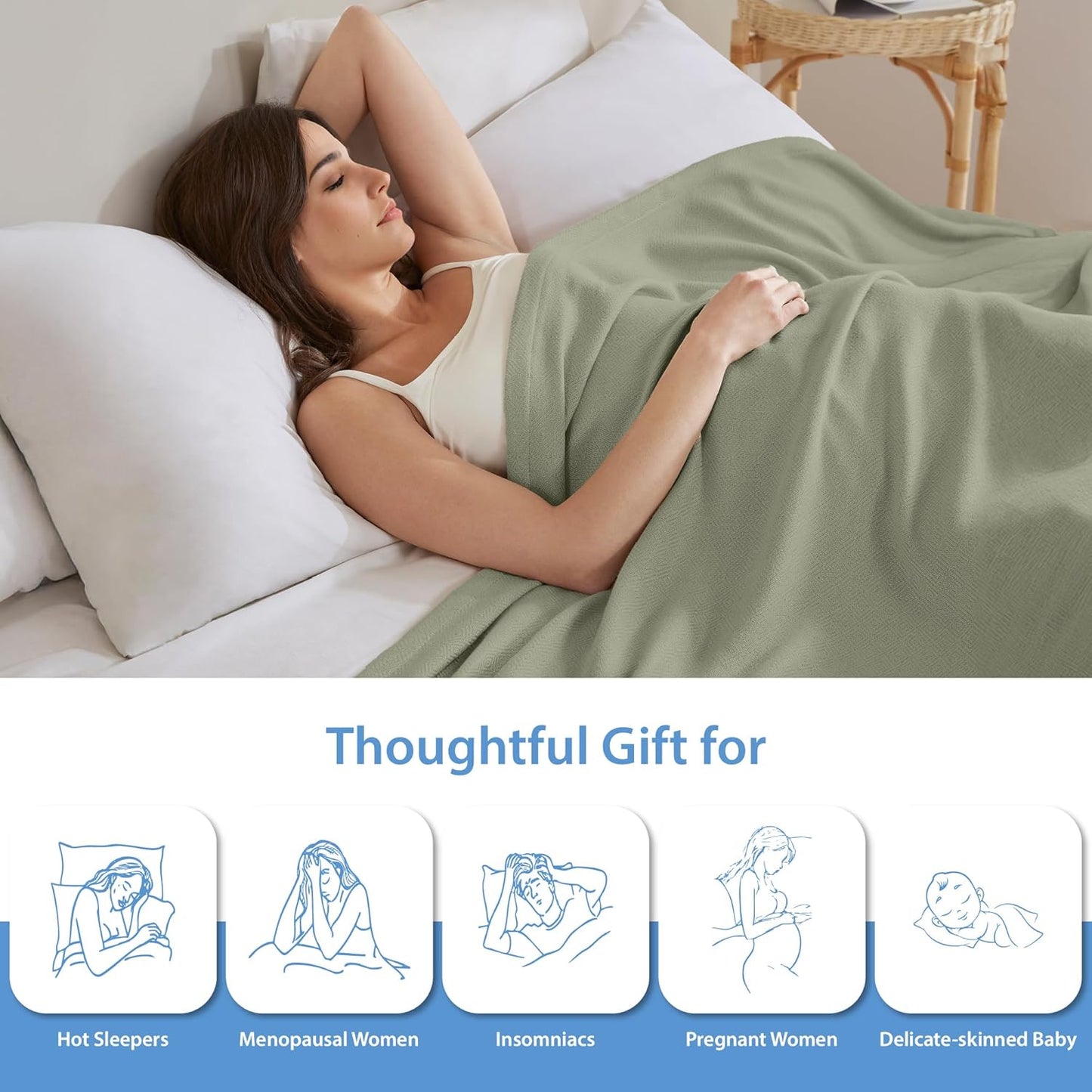 King Size Blanket, 70% Rayon (Derived from Bamboo) and 30% Cotton, Lightweight Jacquard Weave, Breathable and Soft Summer Blanket for Bed or Couch, 108” x 90”, Sage Green