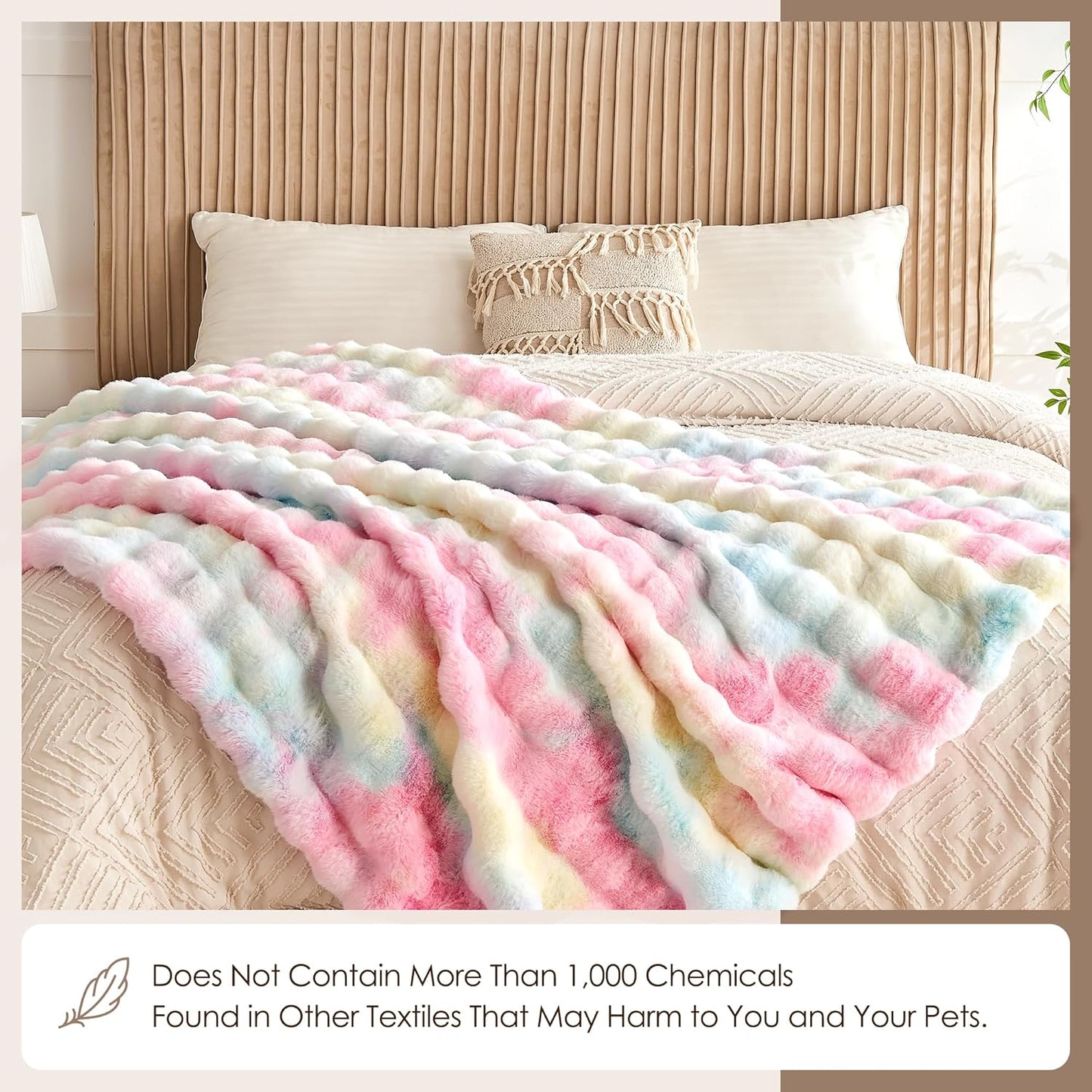 Luxury 1000GSM Faux Rabbit Fur Throw Blanket, Super Heavy Warm Cozy Blankets for Couch Bed Sofa, Bubble Plush Fuzzy Elegant Soft Reversible Mink Blanket for Living Room Bedroom, Rainbow