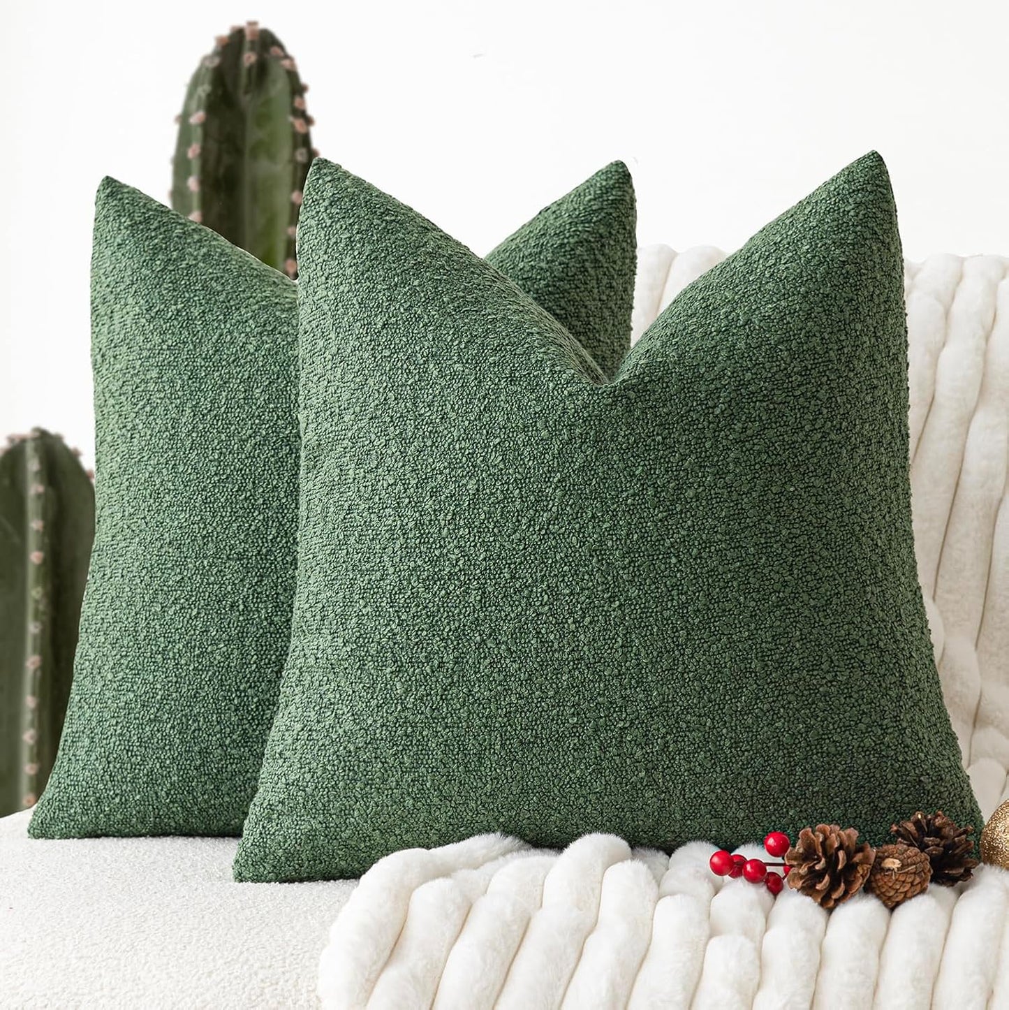 Foindtower Pack of 2 Textured Boucle Throw Pillow Covers Accent Solid Pillow Cases Cozy Soft Decorative Couch Cushion Case for Chair Sofa Bedroom Living Room Home Decor 20 x 20 Inch Hunter Green