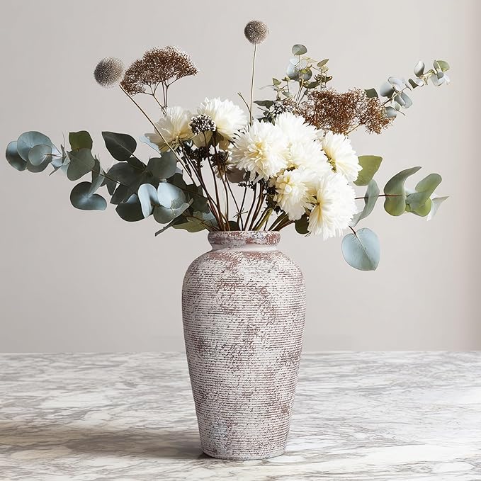 Terracotta Vase, Rustic Farmhouse Vase, Large Ceramic Vases for Centerpieces, Farmhouse Decor for Living Room, Shelf, Entryway, Room Decor, 11 inch
