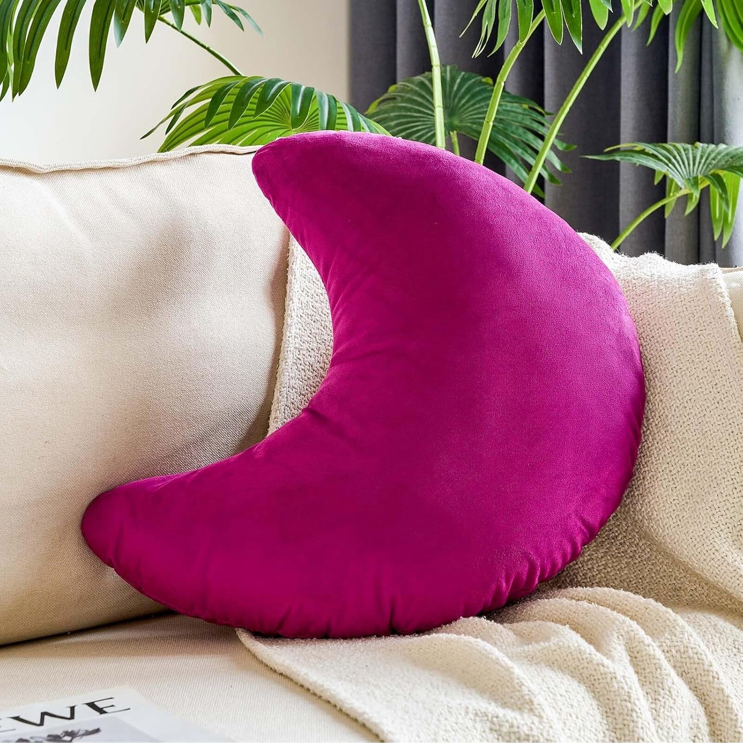 Fuchsia Moon Pillow, 14.9" Cute Soft Velvet Half Moon Shape Plush Decorative Throw Pillows Cushions Room Decor for Couch Bedroom Living Room