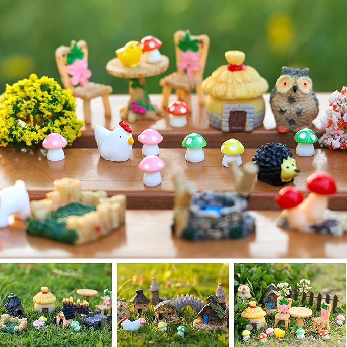 60 PCS Mini Fairy Garden Accessories Kit Enchanted Miniature House Decor Set with Tiny Figurines, DIY Micro Landscape Ornaments for Terrarium, Dollhouse Succulent Craft