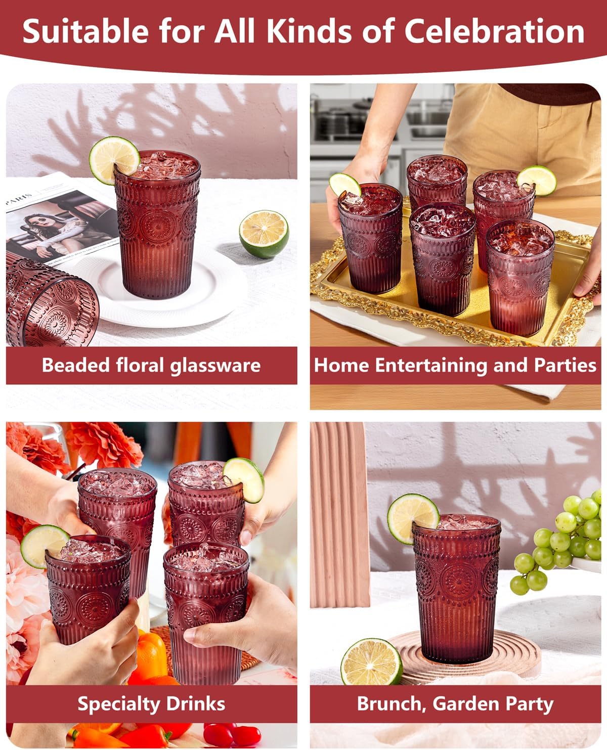 Ciaell 12 Pack Romantic Plastic Water Glasses - 14 Oz Burgundy Vintage Drinking Glasses, Embossed Ribbed Plastic Cups, Textured Striped Set for Juice, Beverages, Beer, Cocktail & Christmas