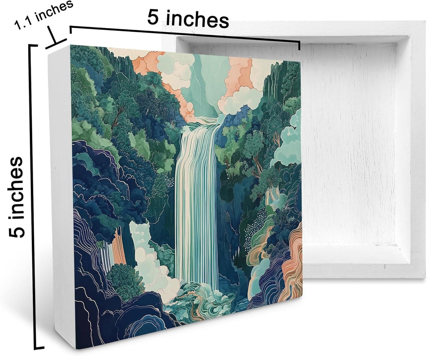 Ku-Dayi Blue and Green Waterfall Abstract Wooden Box Sign, Mountain River Forest Wood Box Decorations for Home Office, Nature Japanese Forest Landscape Wooden Block Plaque Desk Shelf Decor 5x5 Inch
