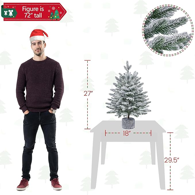Yaheetech 2FT Pre-lit Potted Flocked Christmas Tree, Snow Frosted Mini Tabletop Artificial Christmas Tree with 35 Warm White LED Lights and 262 PE Branch Tips for Holiday Decoration