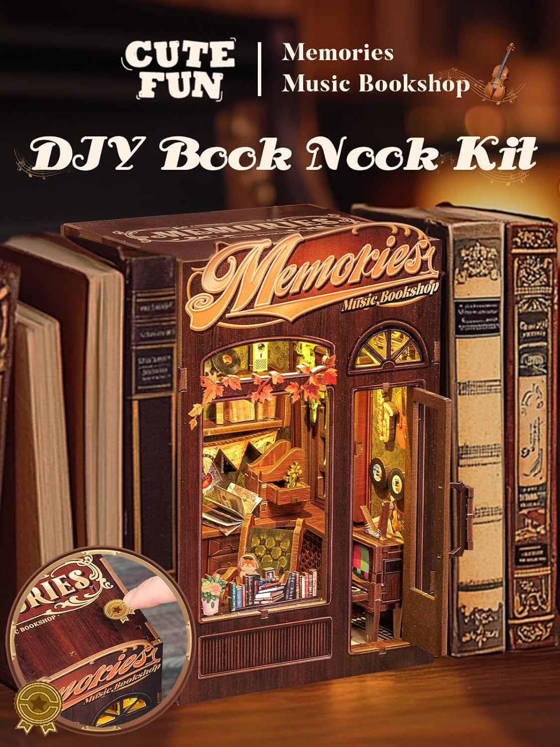 Cutefun Book Nook Kit - DIY Miniature House Kit for Bookshelf Decor, Book Nook Kits for Adults & Beginners, 3D Wooden Puzzle Dollhouse, Ideal Gift for Book Lovers (Memories Music Bookshop)
