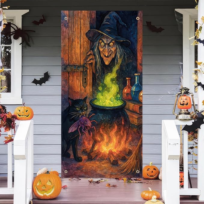 Witch Cauldron Door Cover Halloween Decorations 35x71 Inch Door Banner with Black Cat and Potion Green Fire Spooky Decor for Haunted House Party Indoor Wall Scene