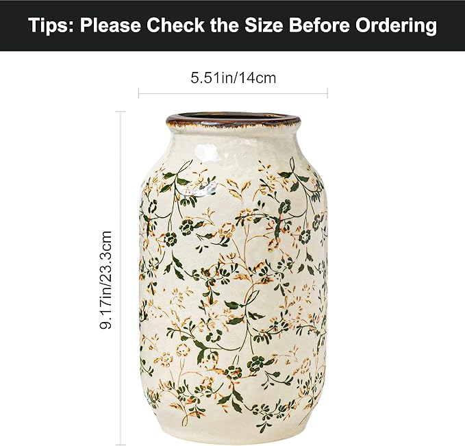White and Green Vintage Vase, Chinoiserie Floral Vases for Flowers, Rustic Farmhouse Ceramic Vase for Home Decor, Living Room, Shelf, Office, Vintage Room Decor, 9 inch
