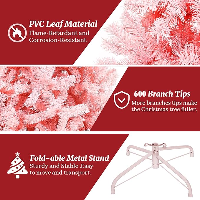 ULICO 5ft Artificial Pink Christmas Tree,Premium Spruce Xmas Tree with 600 Branch Tips, Fake Christmas Tree with Foldable Metal Base Stand,Home, Office,Party Decoration