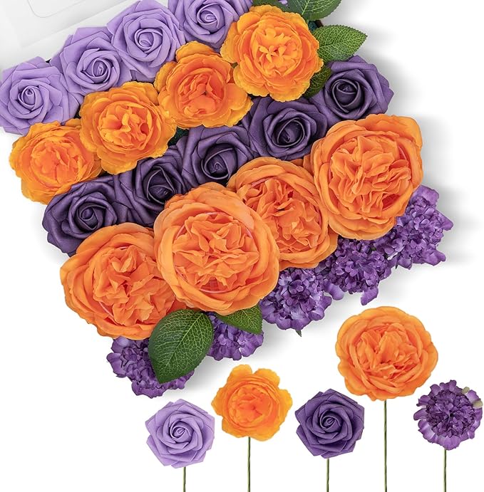 TINGE TIME Rose Artificial Flowers Combo, Gradient Color Faux Foam Roses with Stems for DIY Wedding Bridal Shower Party Table Centerpieces Fake Floral Arrangement Home Decor(Burnt Orange and Purple)