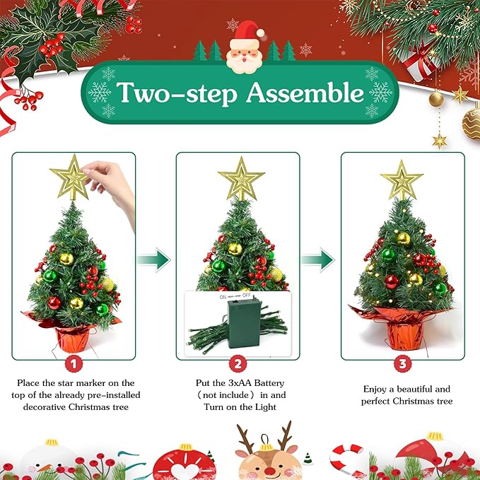 Tabletop Christmas Tree with LED String Lights,22In Pre-Decorated Mini Artificial Christmas Tree for Desktop,Star Treetop and Colored Oranments for Home Indoor Holiday Christmas Decoration-Yellow