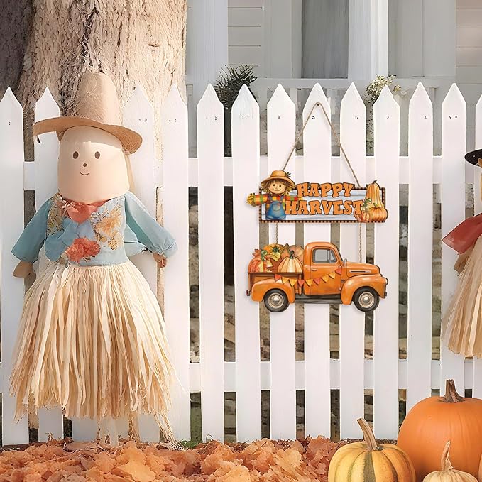 Happy Harvest Door Sign,Happy Thanksgiving Wooden Sign,Fall Truck Decor,Autumn Harvest Wall Plaque,Scarecrow Wall Hanging Sign,Pumpkin Front Door Hanger for Farmhouse Home Indoor Outdoor Yard