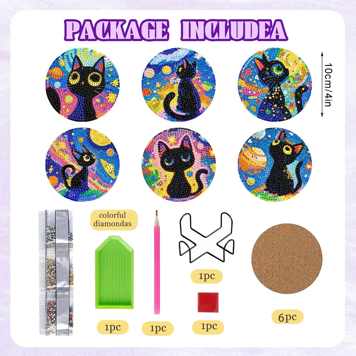 DOZEEZOP 6 PCS Diamond Art Coasters Kit, Cat Diamond Painting Coasters with Holder, Fall Diamond Art Kits for Adults Beginners, Arts and Crafts Supplies Black Astral Cat Animals