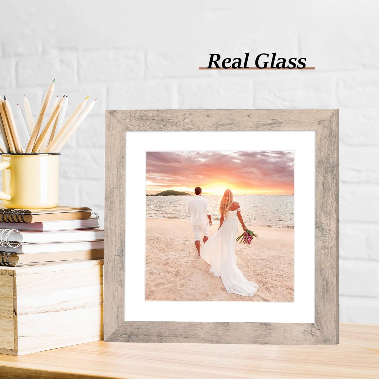iRahmen 10x10 Picture Frame Set of 4 with High Definition Glass, Smoke Gray Frames Display 8x8 Picture with Mat or 10 x 10 Without Mat, Wood Square Photo Frame for Wall Mount and Tabletop Display