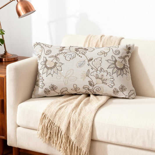 Floral Embroidered Lumbar Throw Pillow Cover 12x 20, Sequin Chinoiserie Flower Neutral Linen Pillow Cushion Cases, Farmhouse Decorative Pillows for Bed, Outdoor Couch White