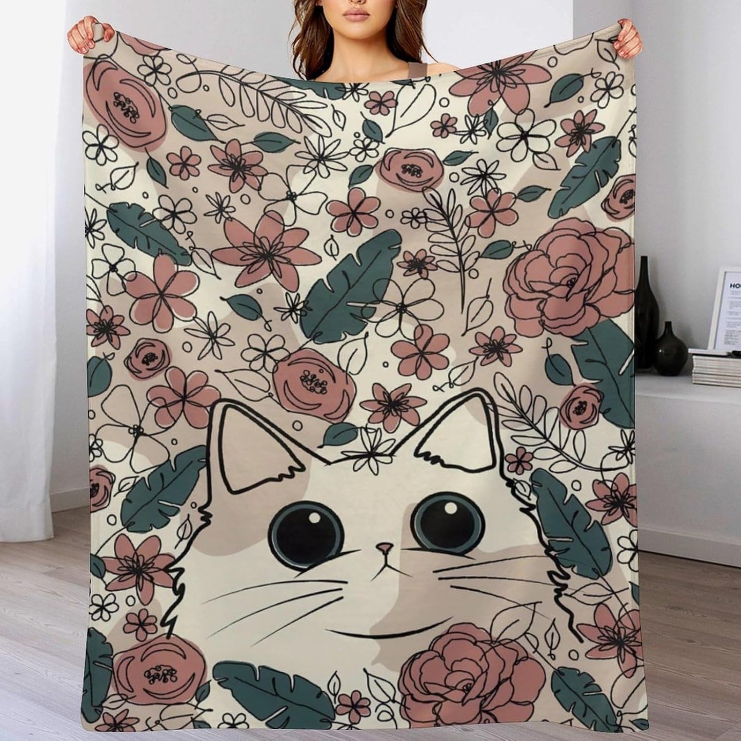 Cute Cat Floral Throw Blanket, Wildflowers Fuzzy Blanket, Ultra Soft Cozy Flannel Throw Blankets Lightweight Fleece Blankets for Bed Couch Sofa 60"×80"