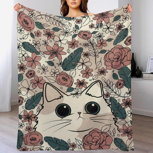 Cute Cat Floral Throw Blanket, Wildflowers Fuzzy Blanket, Ultra Soft Cozy Flannel Throw Blankets Lightweight Fleece Blankets for Bed Couch Sofa 60"×80"