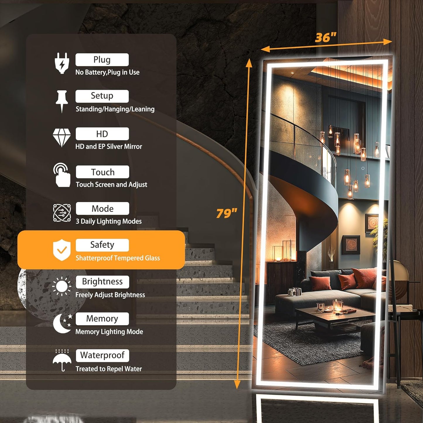 Hasipu Full Length Mirror with Lights, 79" x 36" LED Lighted Floor Standing Mirror, Full Body Dressing Hanging Mounted Mirrors, Dimmable, Tempered Glass, Safe to Use, Square Black