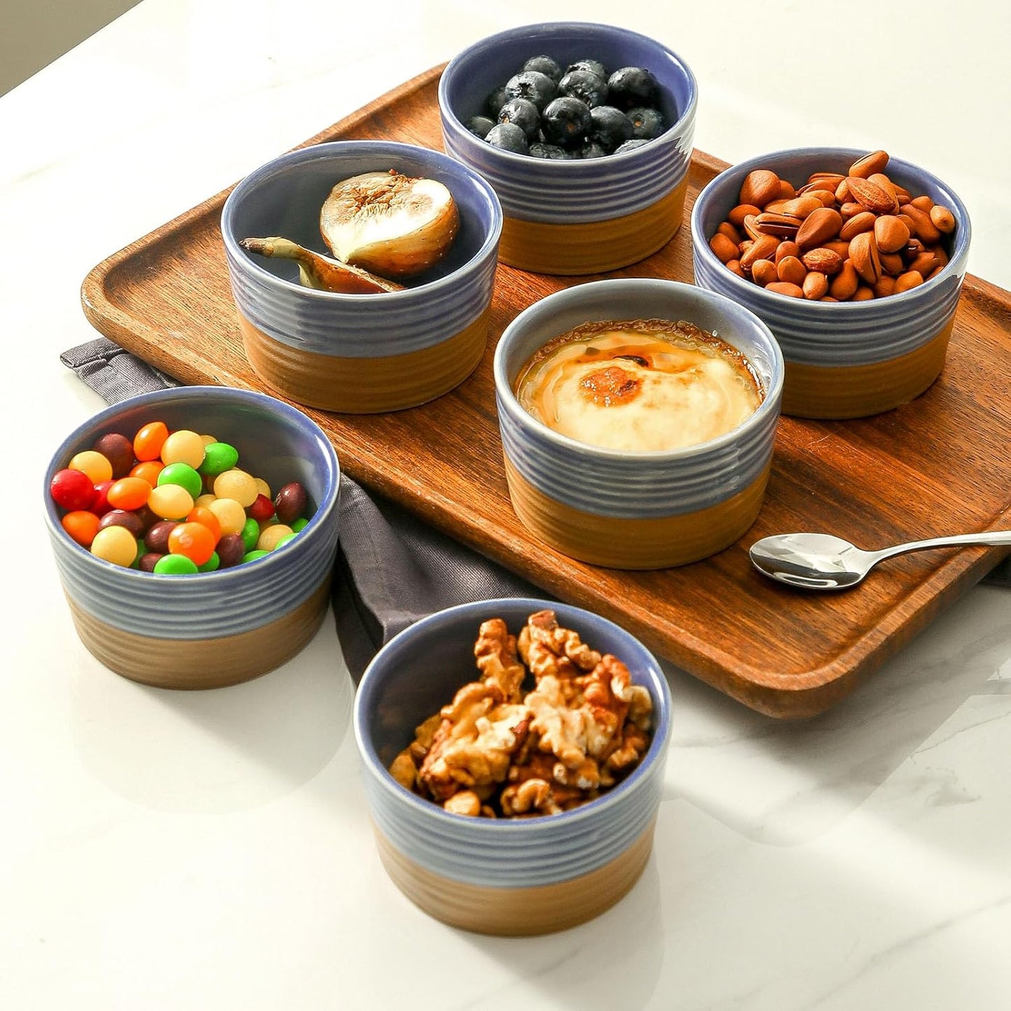 Hasense Ceramic Ramekins 8 oz, Creme Brulee Ramekins Set of 6, Small Baking Bowls for Pudding, Snack, Ice Cream, Serving Dip, Custard Cups, Holiday Gift, Oven Safe, Blue-purple