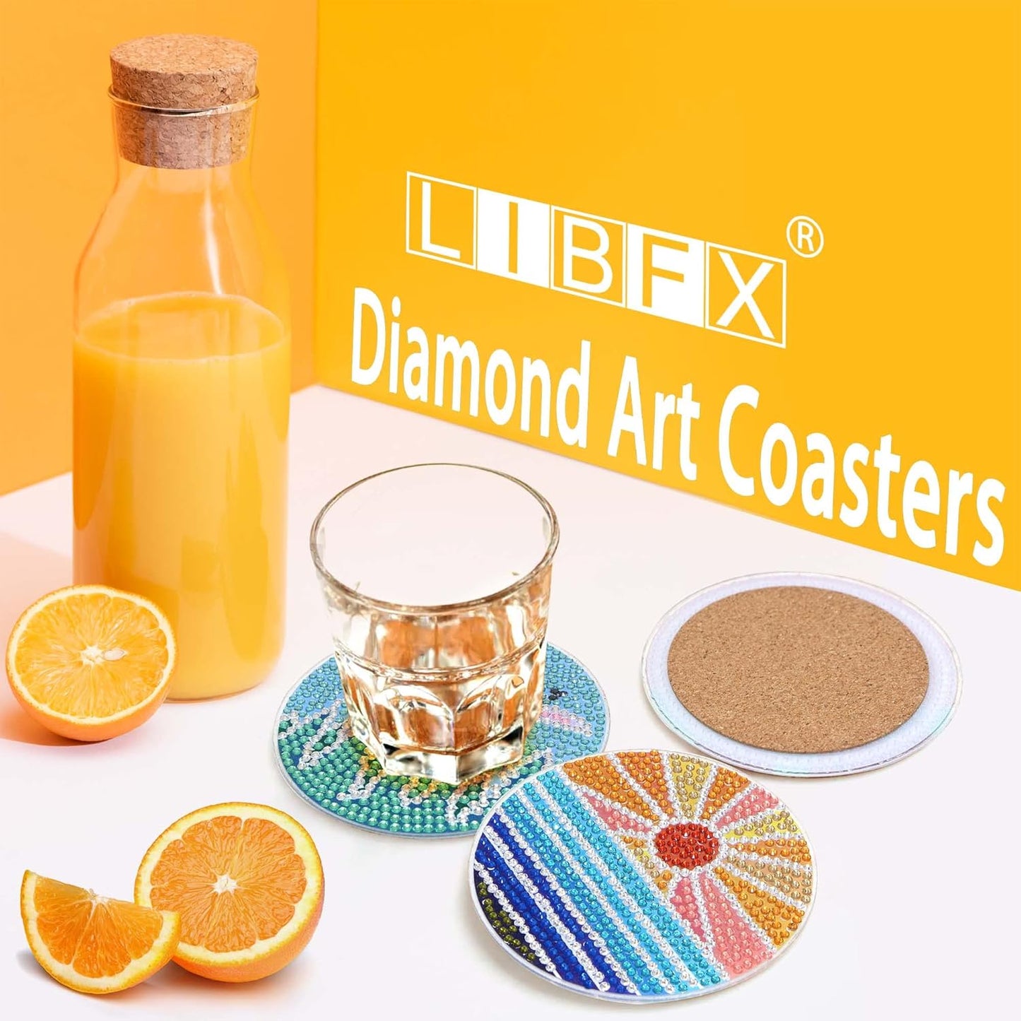 Diamond Art Coasters Kit with Holder, 8 Pcs Diamond Art Coasters for Adults Kids Beginners Crafts Gifts (Sun-Moon)